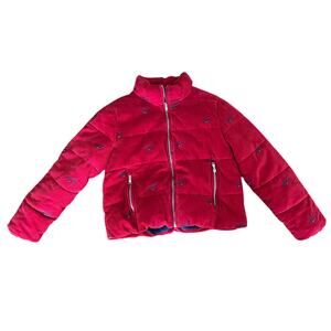 Tommy Jeans Red Corduroy Puffer Jacket All Over Logo Print Primaloft Womens S